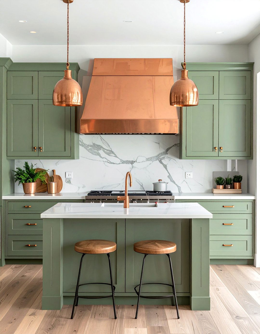 Rustic Sage Green Kitchen Cabinets with Copper Accents - 20 Rustic Sage Green Kitchen Cabinets Ideas