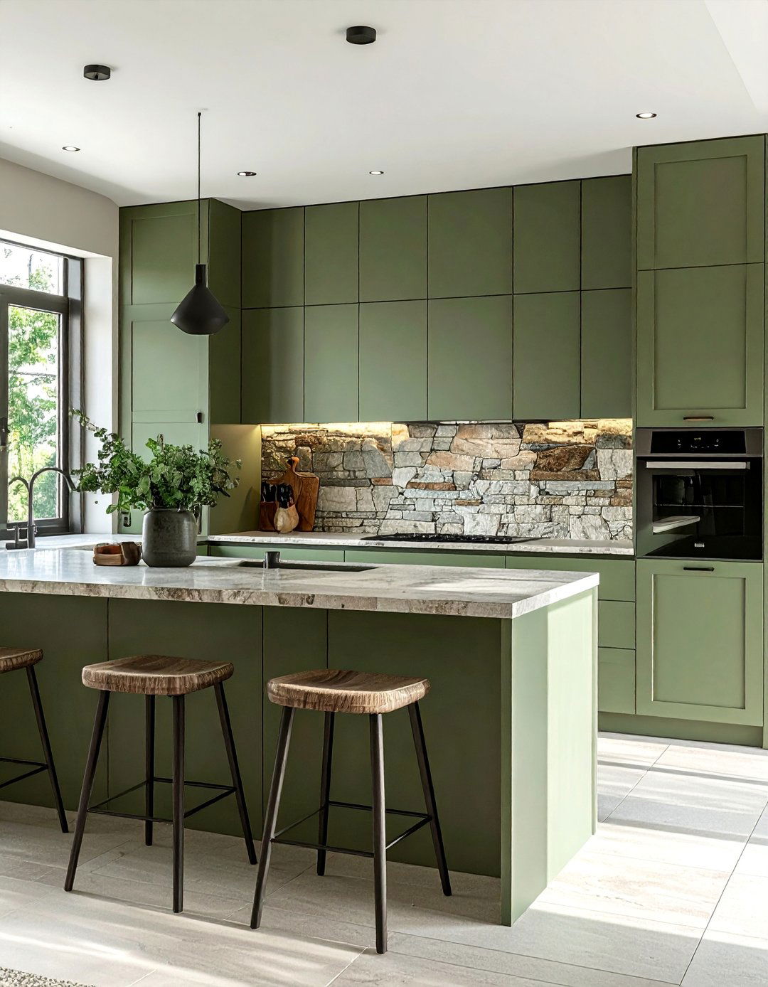Rustic Sage Green Kitchen Cabinets with a Stone Backsplash - 20 Rustic Sage Green Kitchen Cabinets Ideas