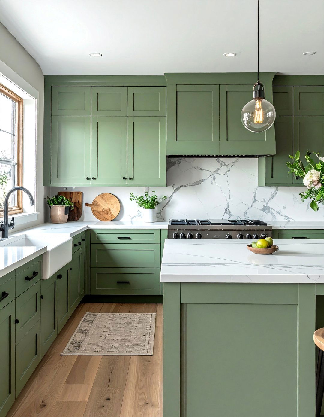 Rustic Sage Green Kitchen Cabinets with a White Quartz Countertop - 20 Rustic Sage Green Kitchen Cabinets Ideas