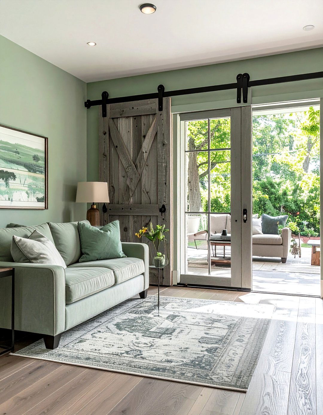 Rustic Sage Green Living Room Featuring a Barn Door - 25 Rustic Sage Green Living Room Ideas for Serenity