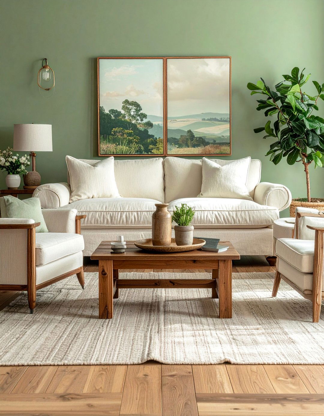 Rustic Sage Green Living Room with Cream Linen Furniture - 25 Rustic Sage Green Living Room Ideas for Serenity