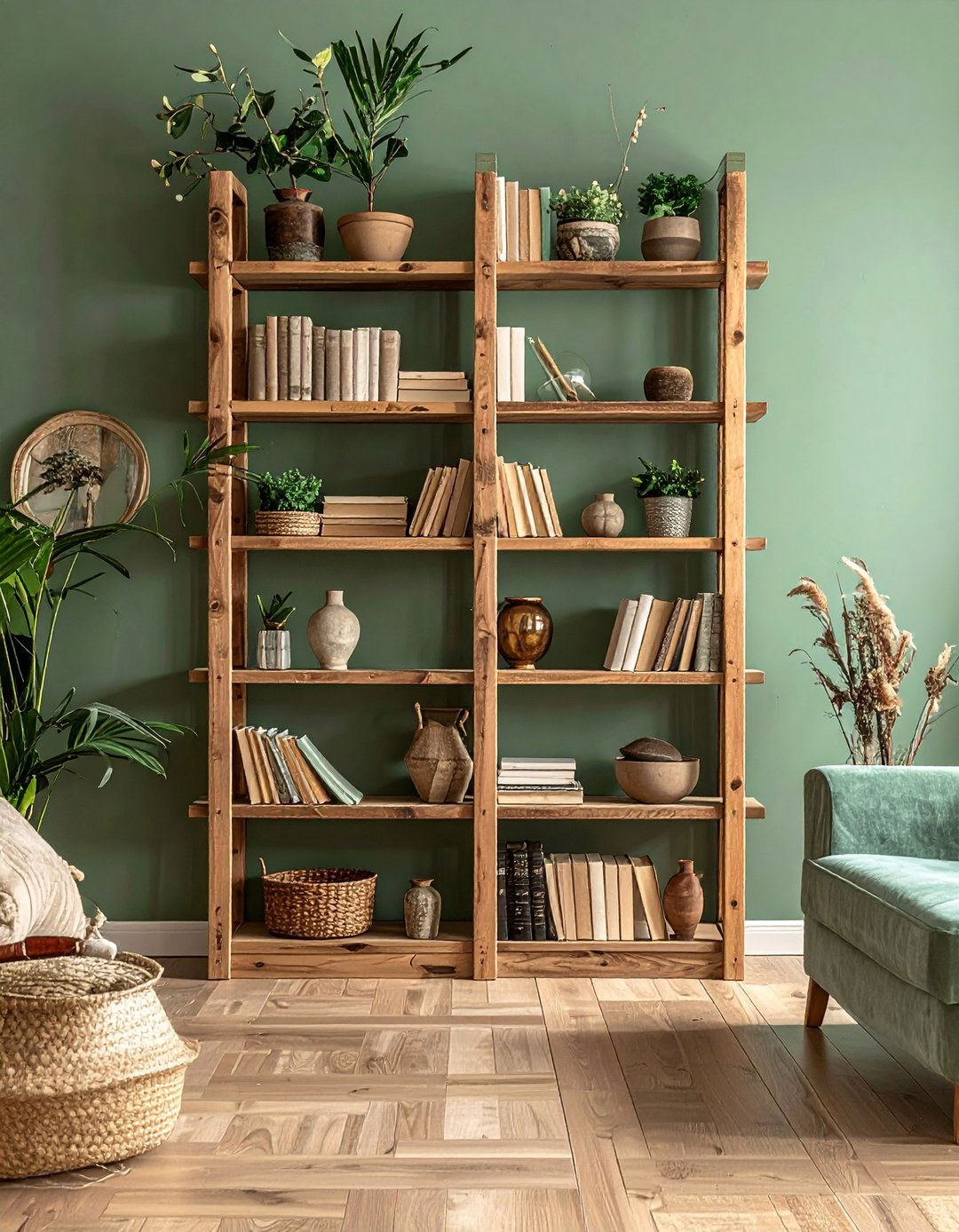Rustic Sage Green Living Room with a Wooden Bookshelf - 25 Rustic Sage Green Living Room Ideas for Serenity