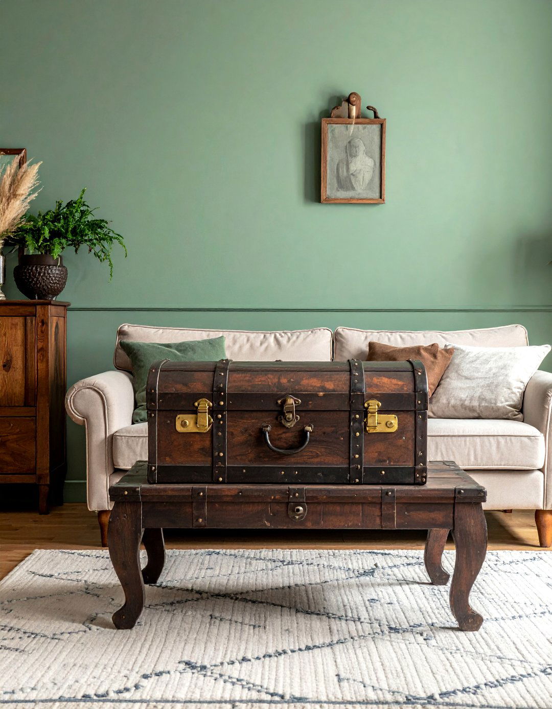Rustic Sage Green Living Room with an Antique Trunk Coffee Table - 25 Rustic Sage Green Living Room Ideas for Serenity