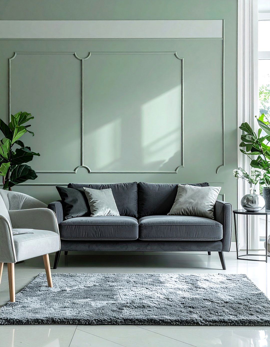 Sage Green Accent Wall with Grey Furniture - 20 Grey and Sage Green Living Room Ideas