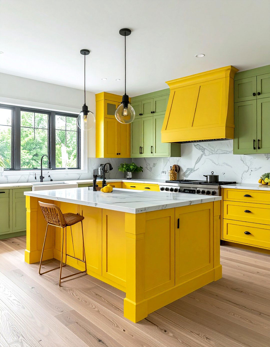 Sage Green Cabinets with a Zesty Yellow Island - 20 Green and Yellow Kitchen Ideas for a Fresh Look
