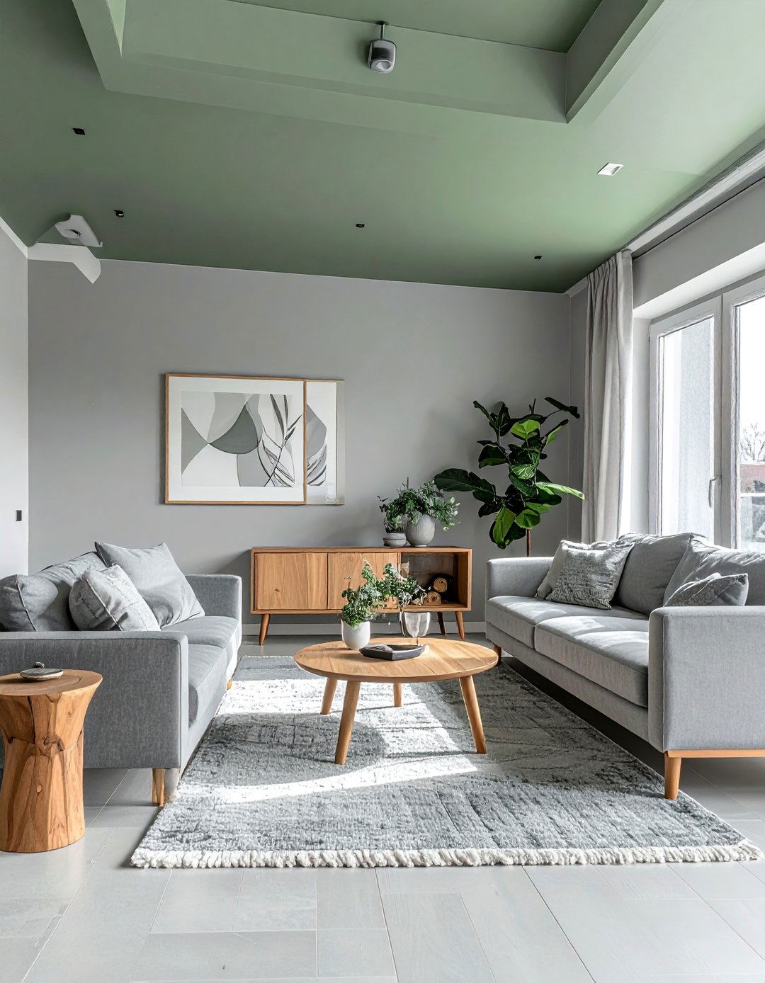 Sage Green Ceiling with Neutral Grey Walls - 20 Grey and Sage Green Living Room Ideas