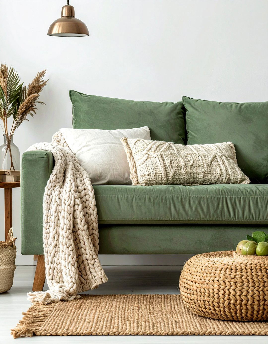 Sage Green Couch Complemented by Natural Textures - 20 Sage Green Couch Living Room Ideas for Serenity