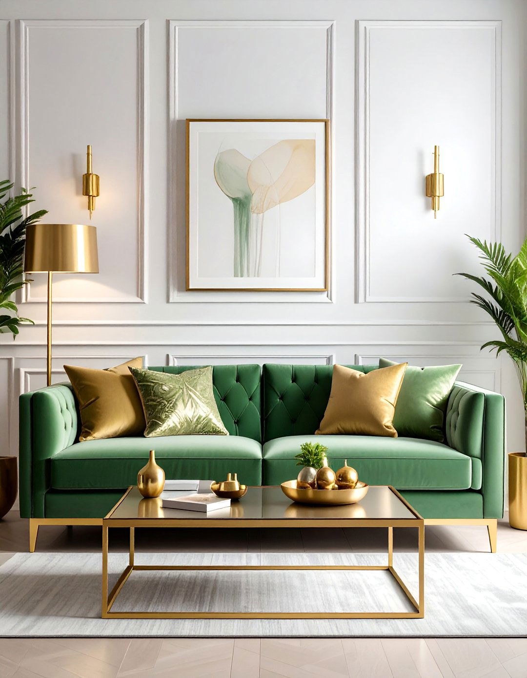 Sage Green Couch Paired with Brass and Gold Details - 20 Sage Green Couch Living Room Ideas for Serenity