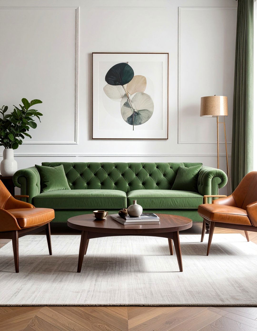 Sage Green Couch with Cognac Leather Chairs - 20 Sage Green Couch Living Room Ideas for Serenity