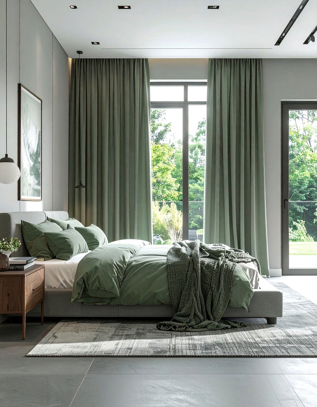 Sage Green Curtains in a Light Grey Room - 25 Sage Green and Grey Bedroom Ideas for a Relaxing Retreat