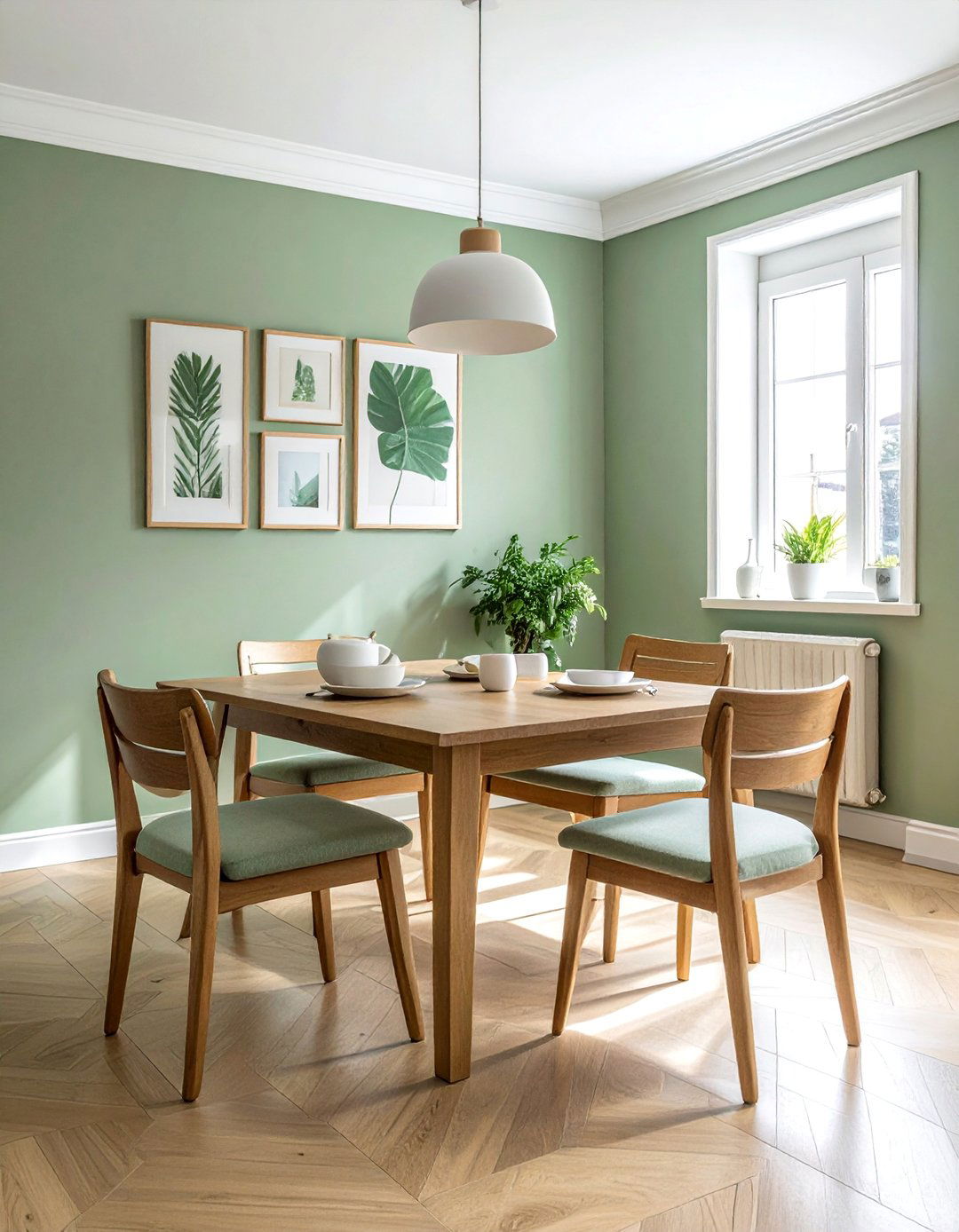 Sage Green Dining Room with Natural Wood Tones - 40 Green Dining Room Ideas for a Fresh Look