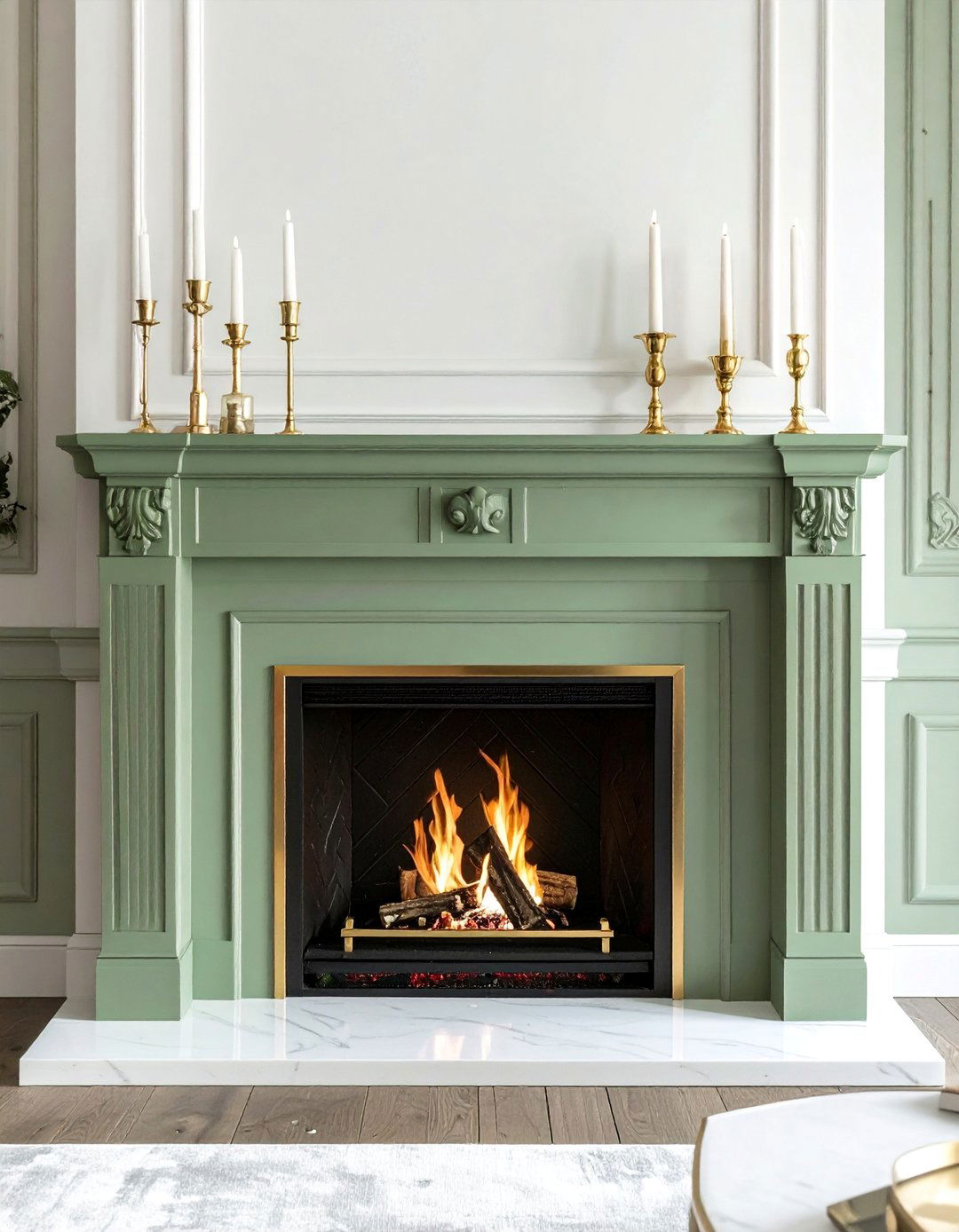 Sage Green Fireplace with Gold and Brass Accents - 15 Sage Green Fireplace Ideas to Cozy Up Your Space