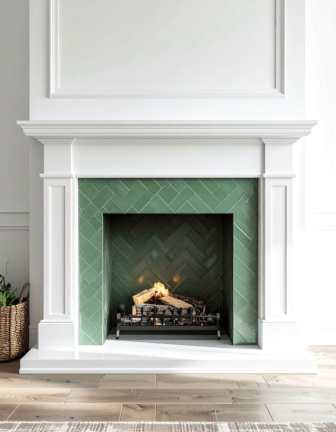Sage Green Fireplace with Herringbone Tile Surround - 15 Sage Green Fireplace Ideas to Cozy Up Your Space