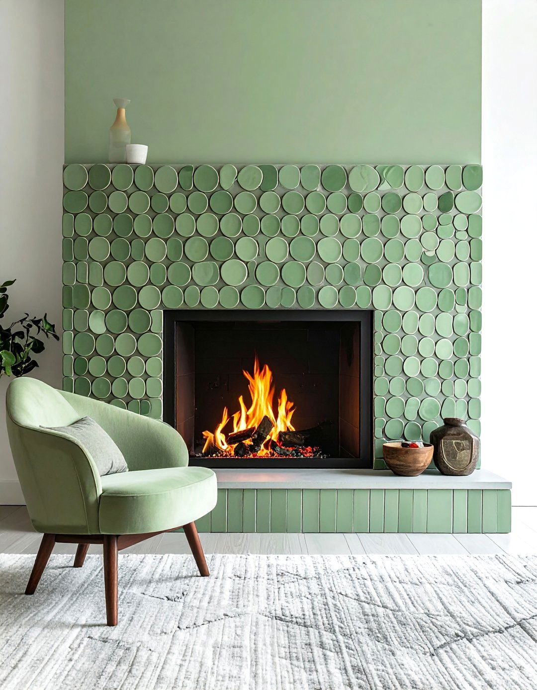 Sage Green Fireplace with Penny Tile Detailing - 15 Sage Green Fireplace Ideas to Cozy Up Your Space