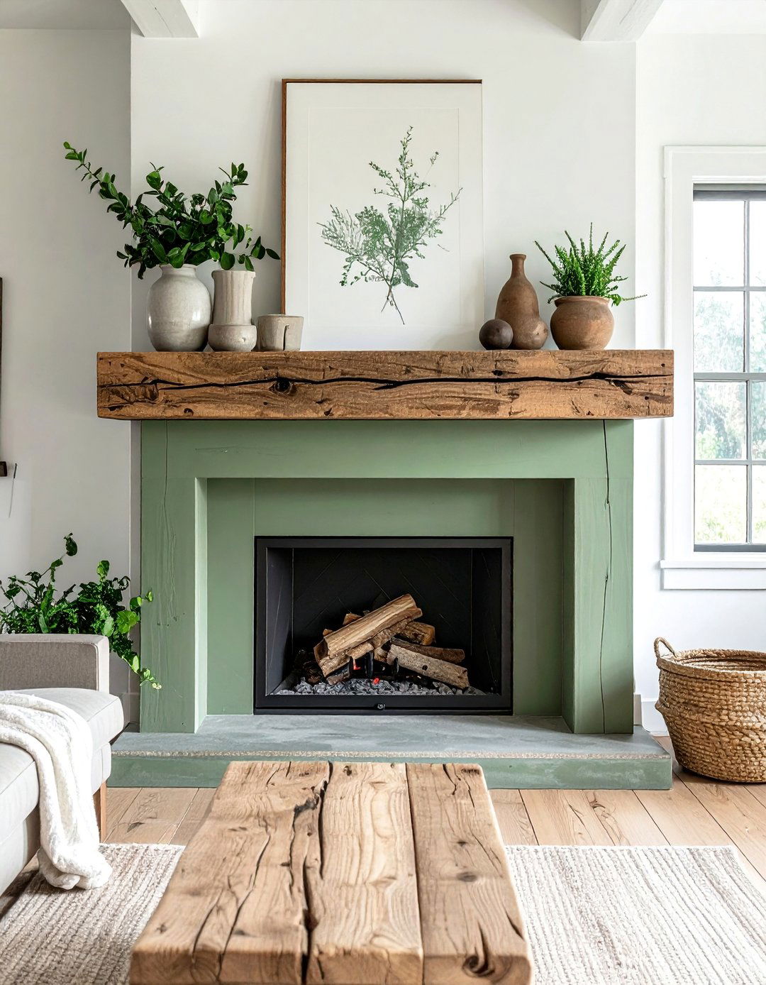 Sage Green Fireplace with a Reclaimed Wood Mantel - 15 Sage Green Fireplace Ideas to Cozy Up Your Space