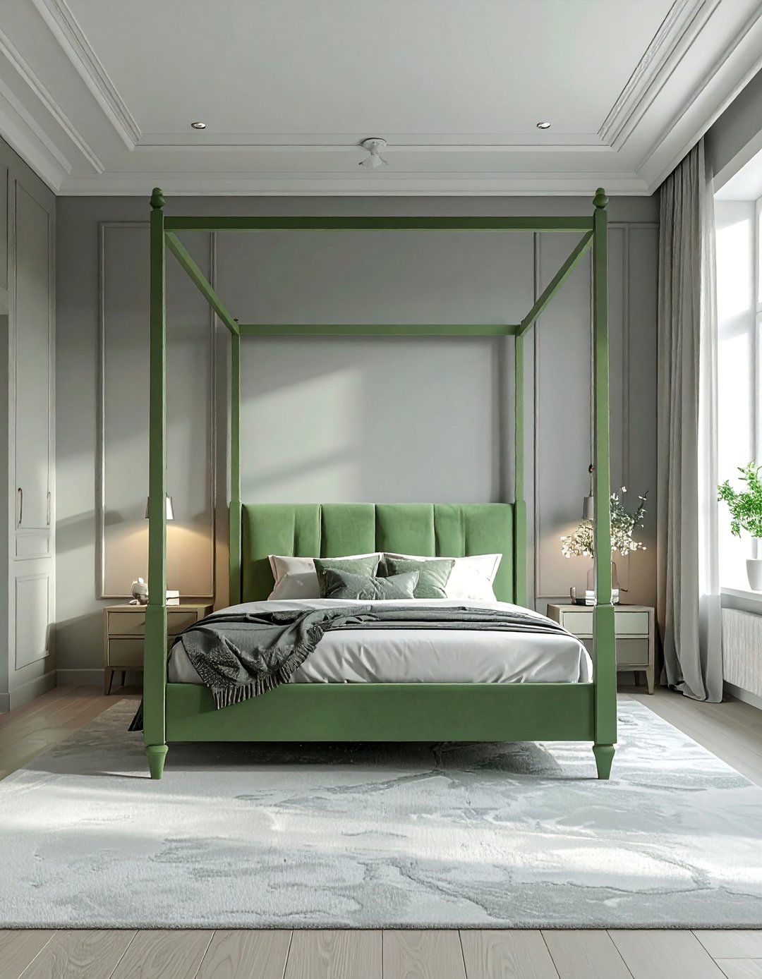 Sage Green Four Poster Bed in a Grey Room - 25 Sage Green and Grey Bedroom Ideas for a Relaxing Retreat