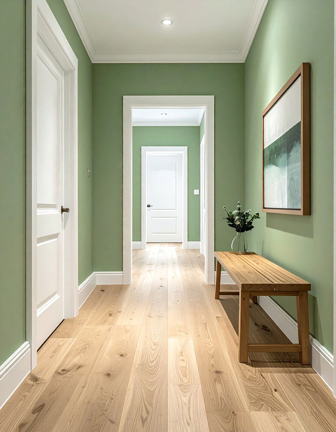 Sage Green Hallway with Crisp White Trim - 20 Green Hallway Ideas for a Fresh and Inviting Space