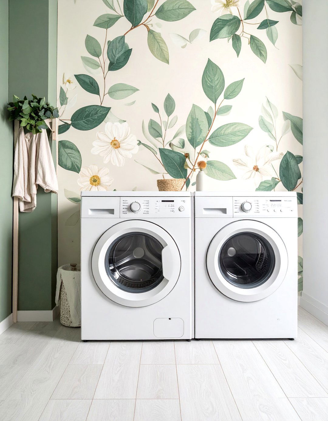 Sage Green Laundry Room with Botanical Wallpaper - 15 Sage Green Laundry Room Ideas for a Calm Space