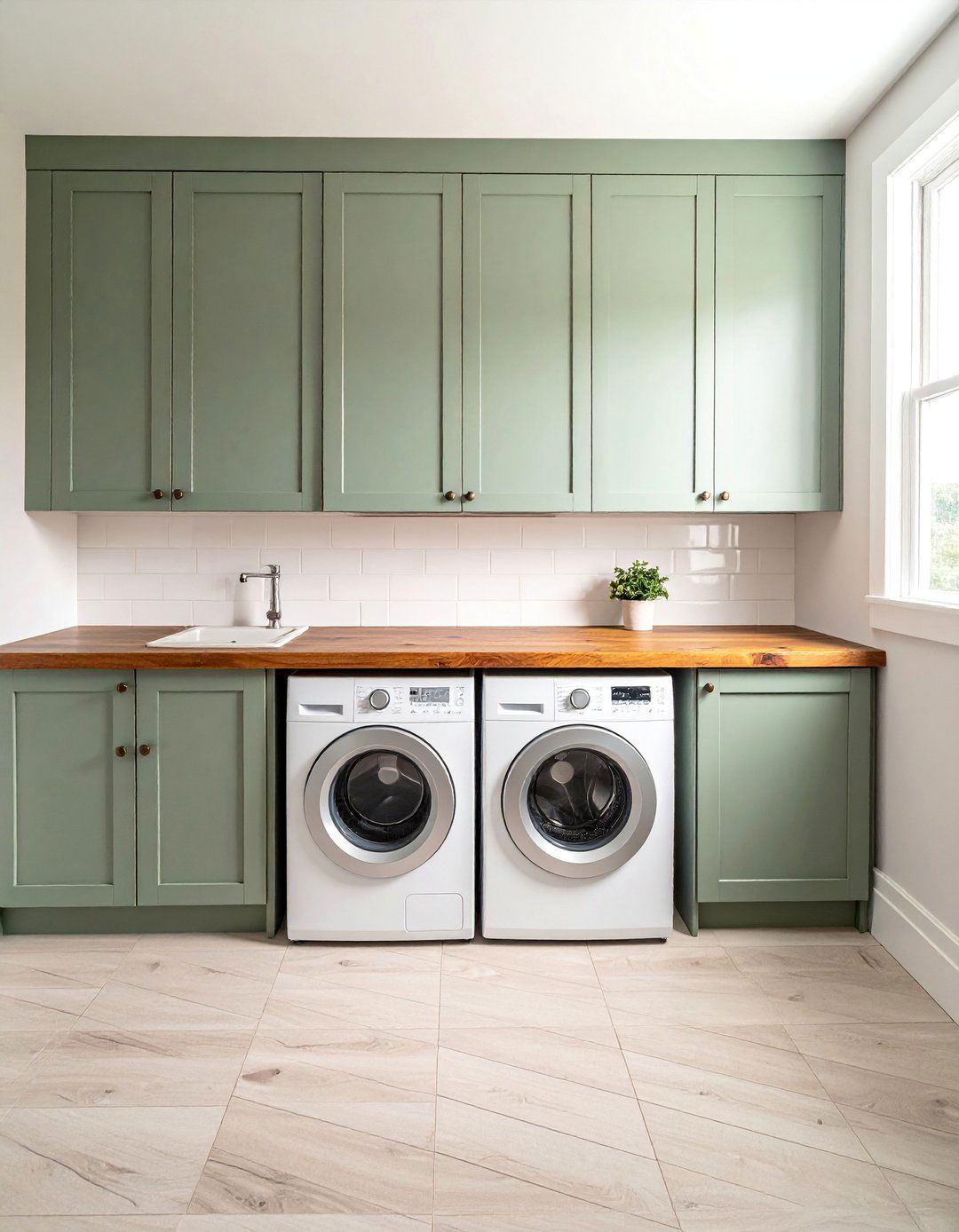 Sage Green Laundry Room with Butcher Block Countertops - 15 Sage Green Laundry Room Ideas for a Calm Space