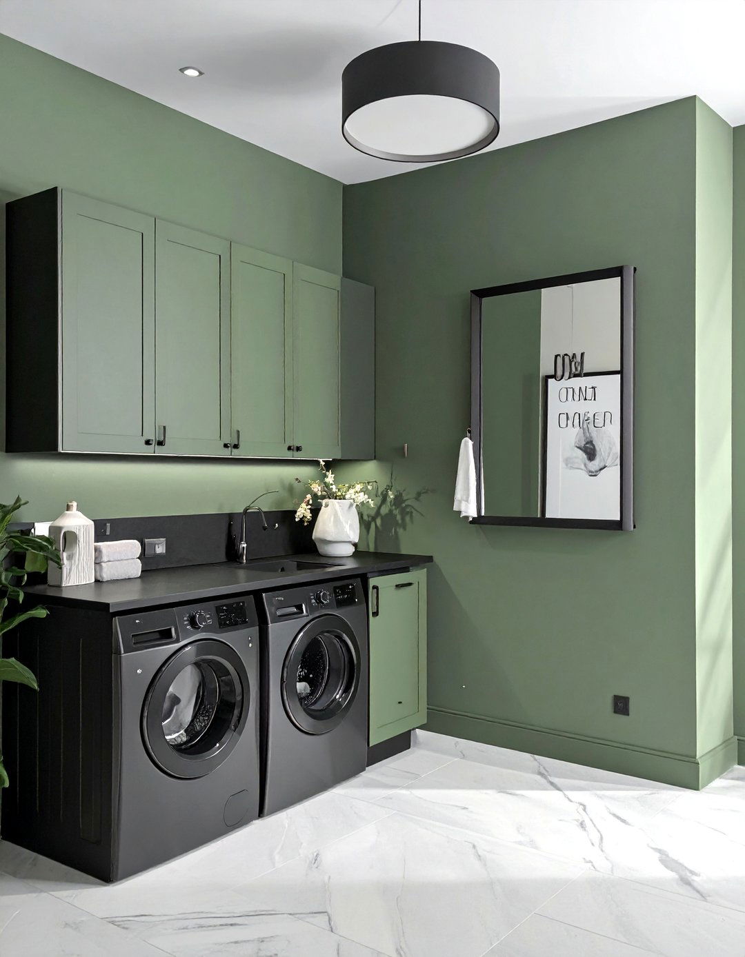 Sage Green Laundry Room with Dark Accents - 15 Sage Green Laundry Room Ideas for a Calm Space