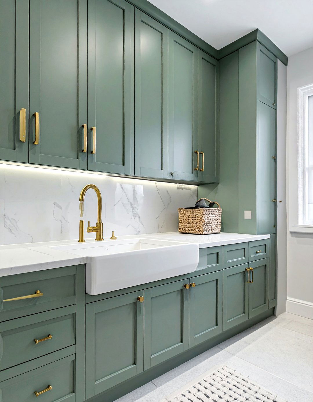 Sage Green Laundry Room with Gold Hardware - 15 Sage Green Laundry Room Ideas for a Calm Space