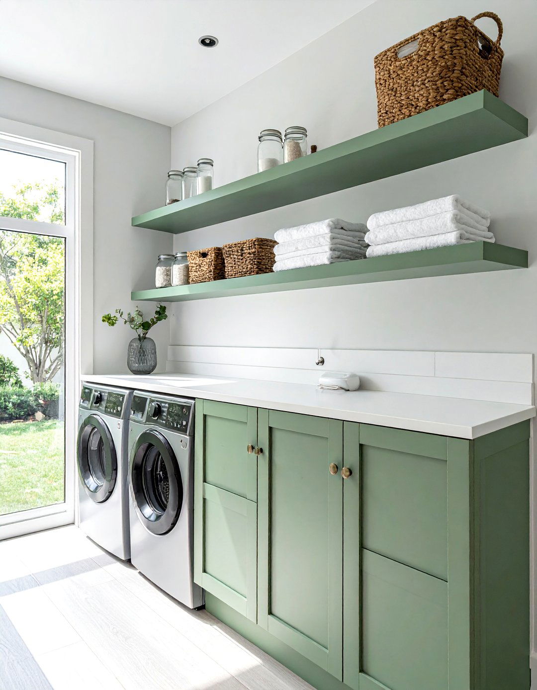 Sage Green Laundry Room with Open Shelving - 15 Sage Green Laundry Room Ideas for a Calm Space