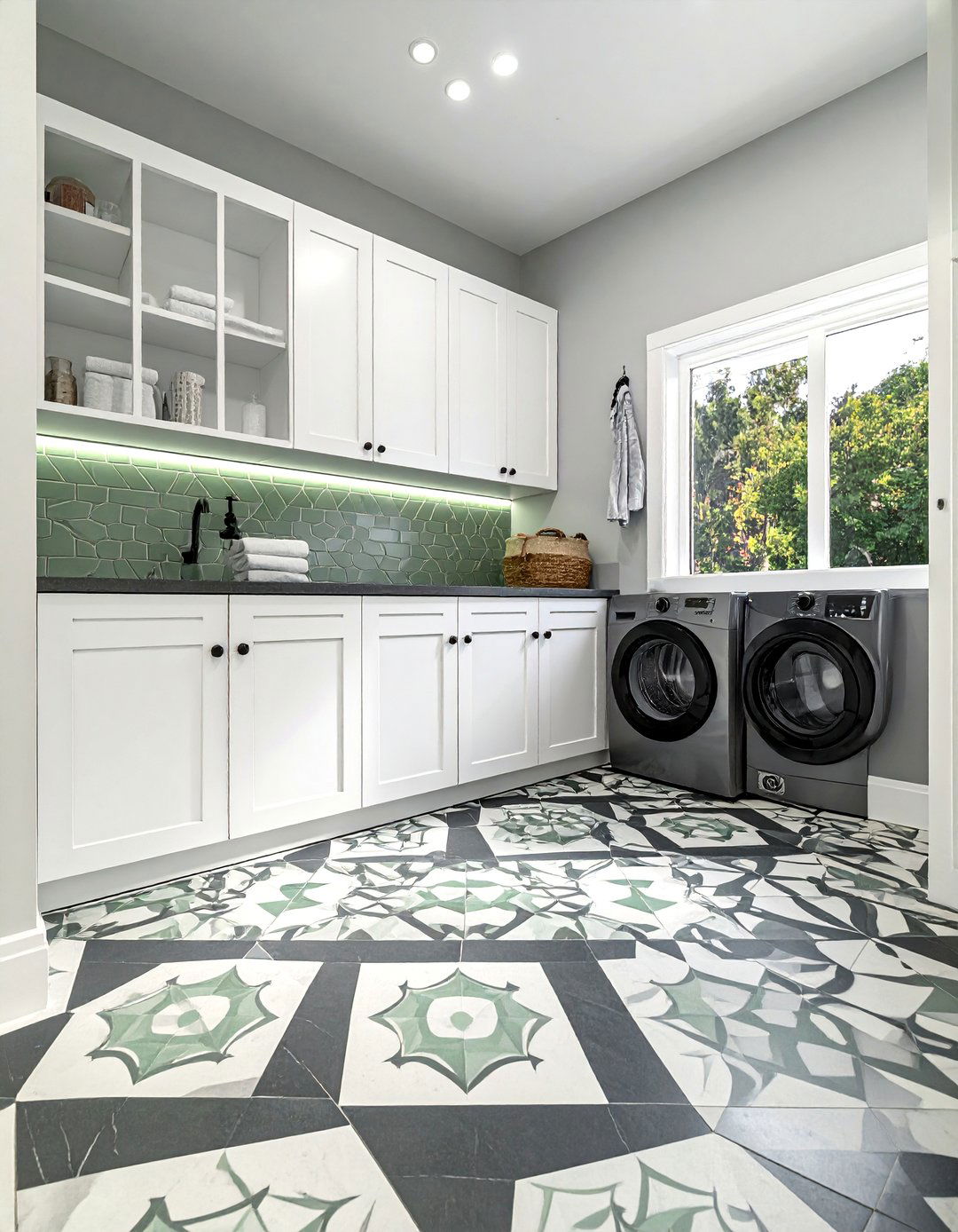 Sage Green Laundry Room with Patterned Floor Tiles - 15 Sage Green Laundry Room Ideas for a Calm Space