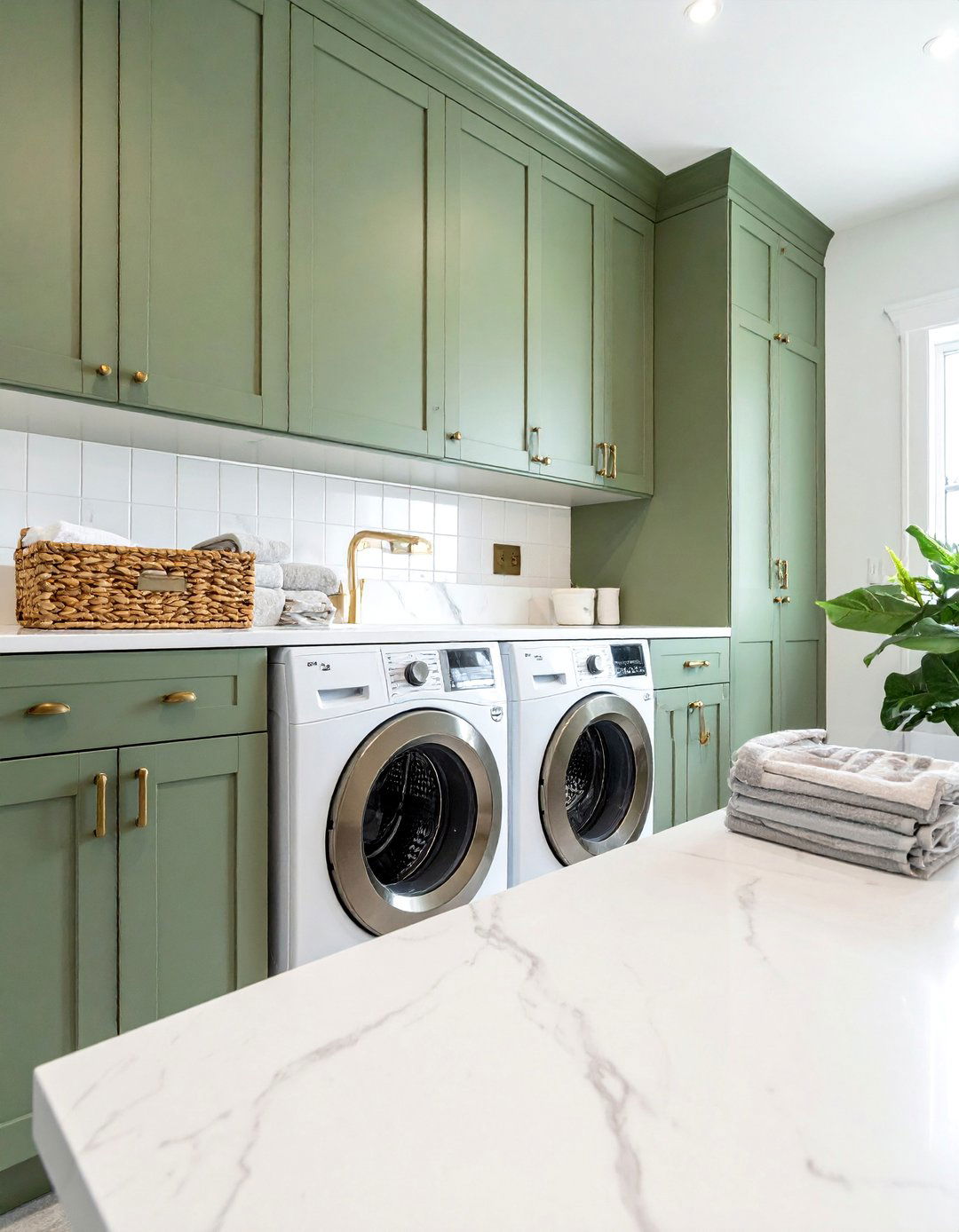 Sage Green Laundry Room with Shaker Cabinets - 15 Sage Green Laundry Room Ideas for a Calm Space