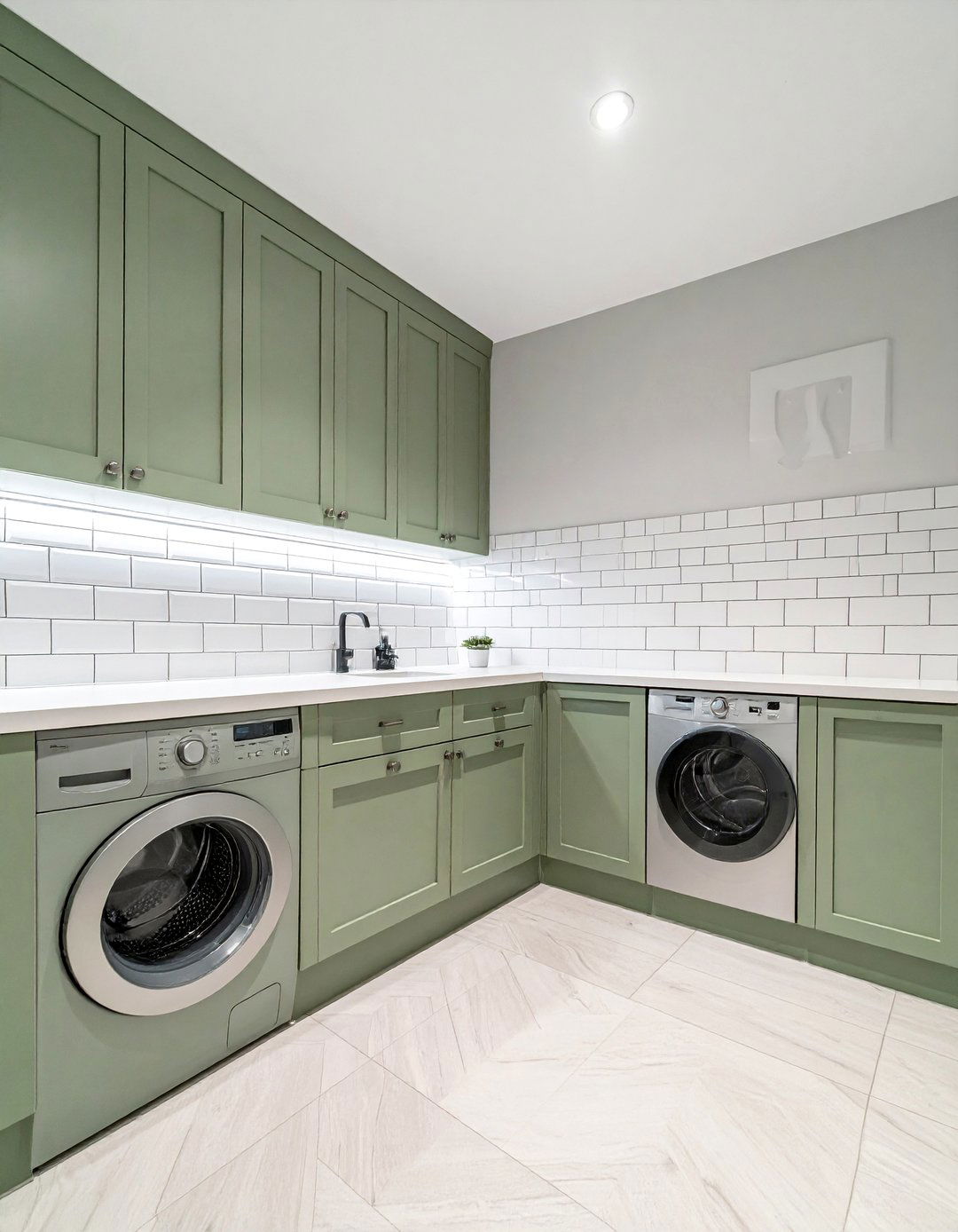 Sage Green Lower Cabinets with a Subway Tile Backsplash - 15 Sage Green Laundry Room Ideas for a Calm Space