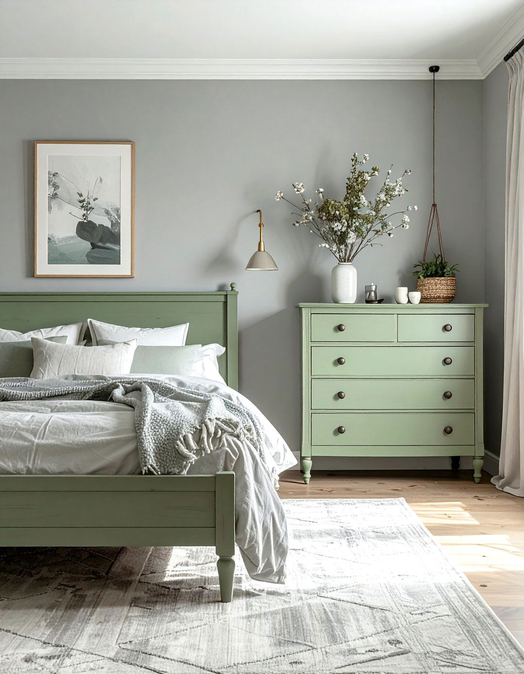 Sage Green Painted Furniture in a Grey Room - 25 Sage Green and Grey Bedroom Ideas for a Relaxing Retreat