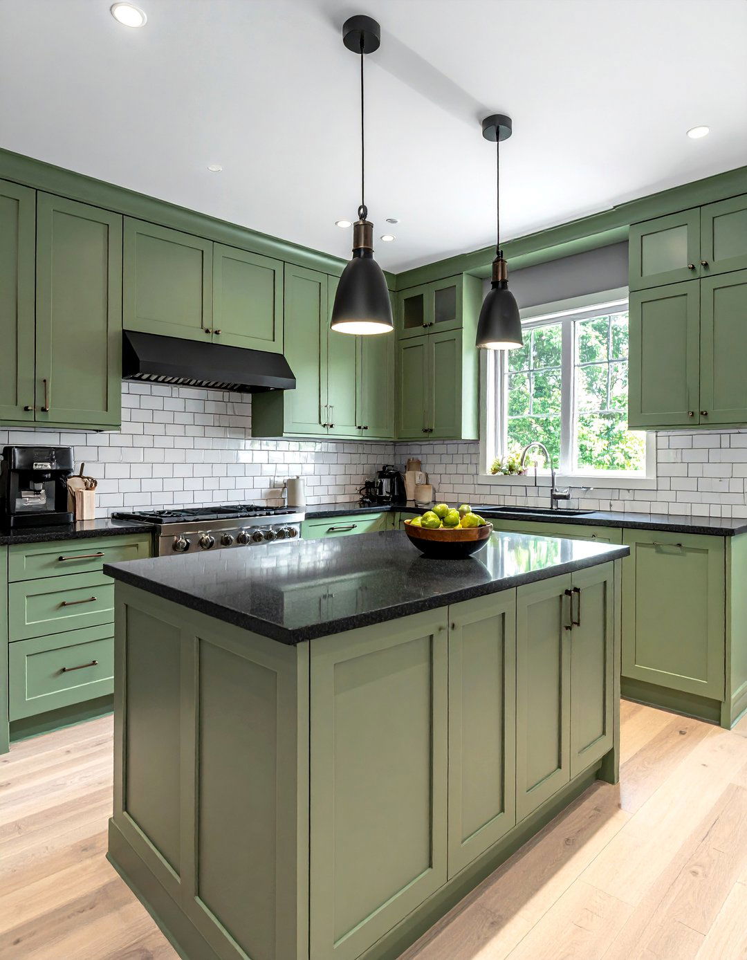 Sage Green Shaker Cabinets with Honed Black Granite - 20 Green Kitchen Cabinets With Black Countertops Ideas