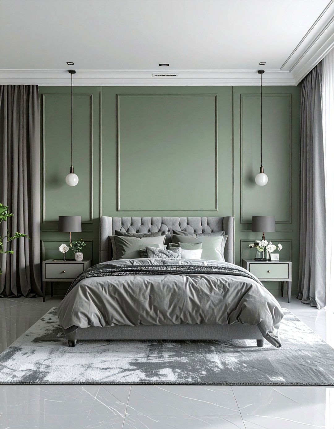 Sage Green Traditional Wall Paneling with Grey Decor - 25 Sage Green and Grey Bedroom Ideas for a Relaxing Retreat