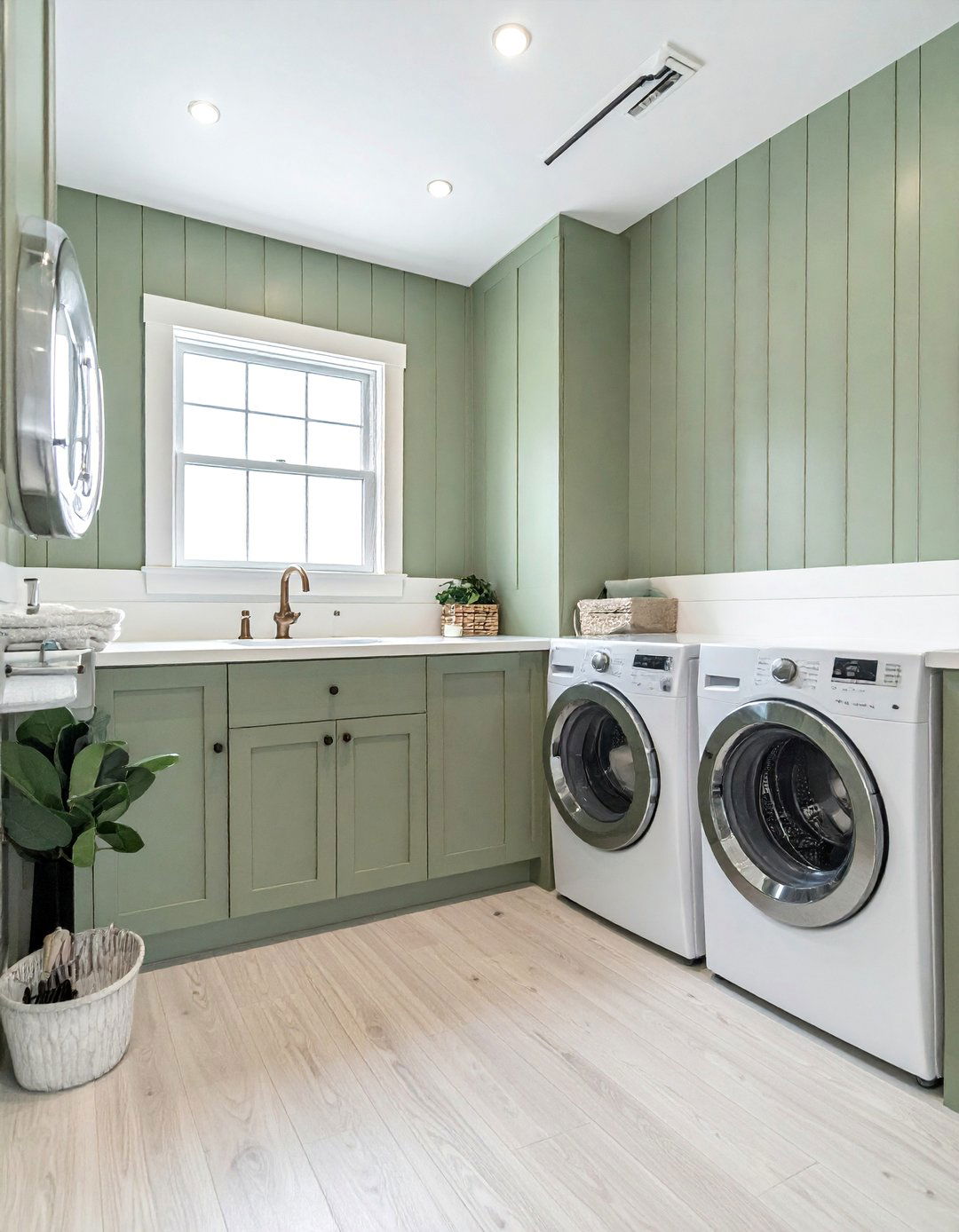 Sage Green Vertical Shiplap Walls - 15 Sage Green Laundry Room Ideas for a Calm Space