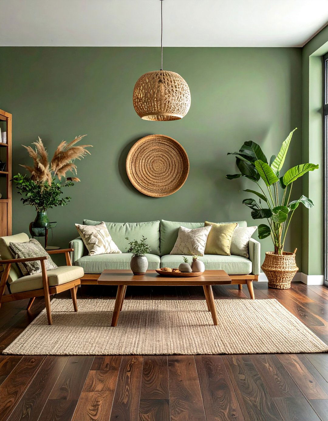 Sage Green Walls for a Natural Earthy Vibe - 30 Dark Brown Floor Living Room Ideas for a Warm Ambiance
