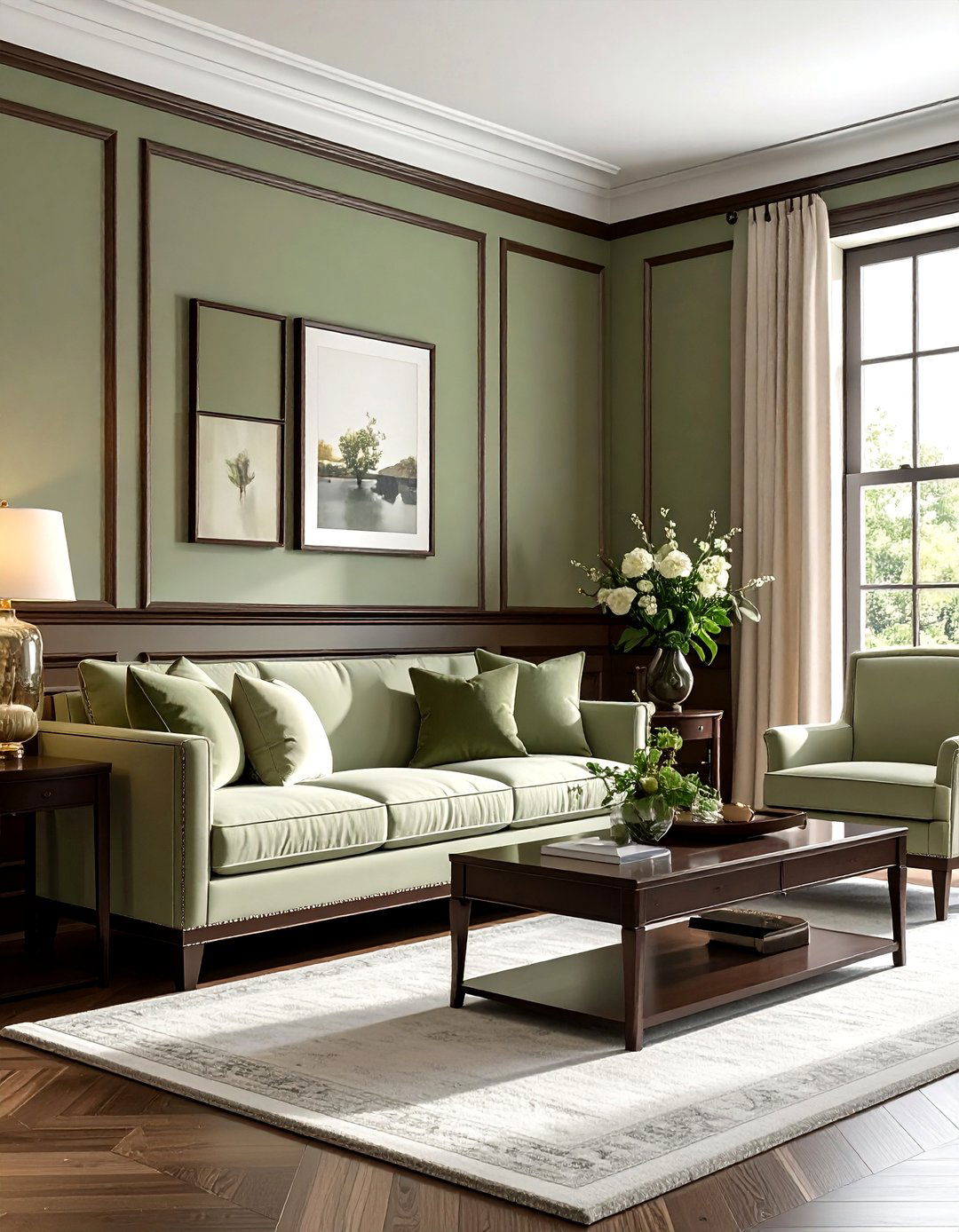 Sage Green Walls with Dark Brown Trim - 20 Sage Green and Brown Living Room Ideas for Balance
