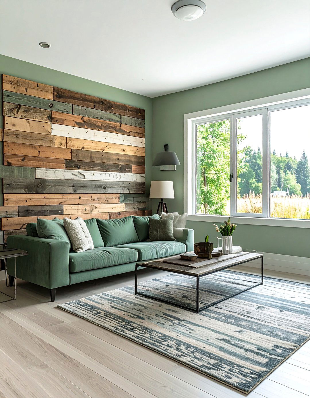 Sage Green Walls with Reclaimed Wood Accent Wall - 25 Rustic Sage Green Living Room Ideas for Serenity