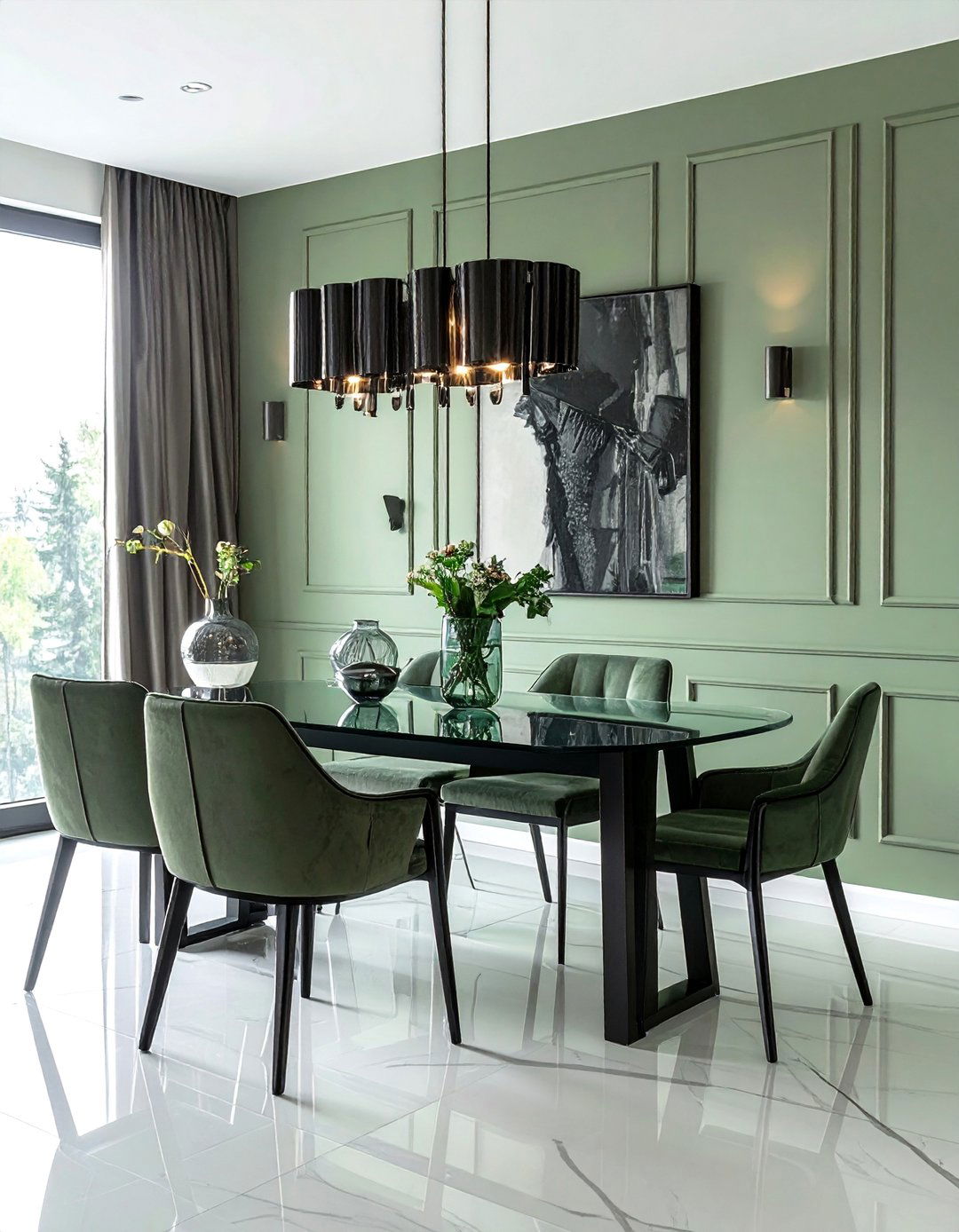 Sage Green and Black Metal Fixtures - 25 Sage Green Dining Room Ideas for a Serene Space