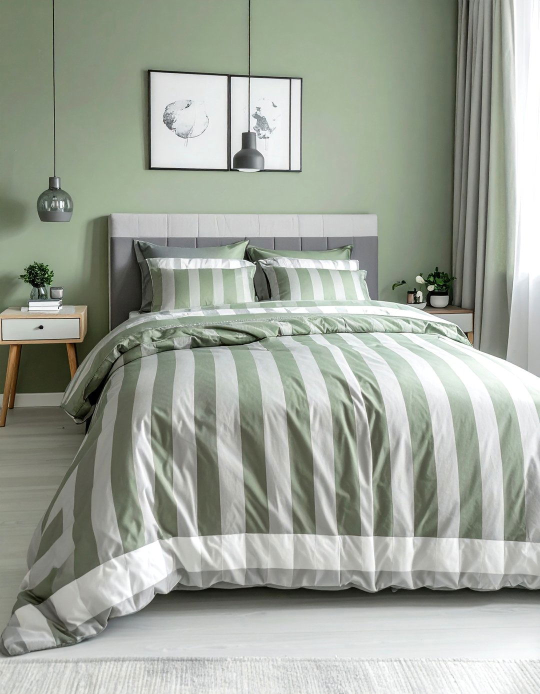 Sage Green and Grey Striped Accent Bedding - 25 Sage Green and Grey Bedroom Ideas for a Relaxing Retreat