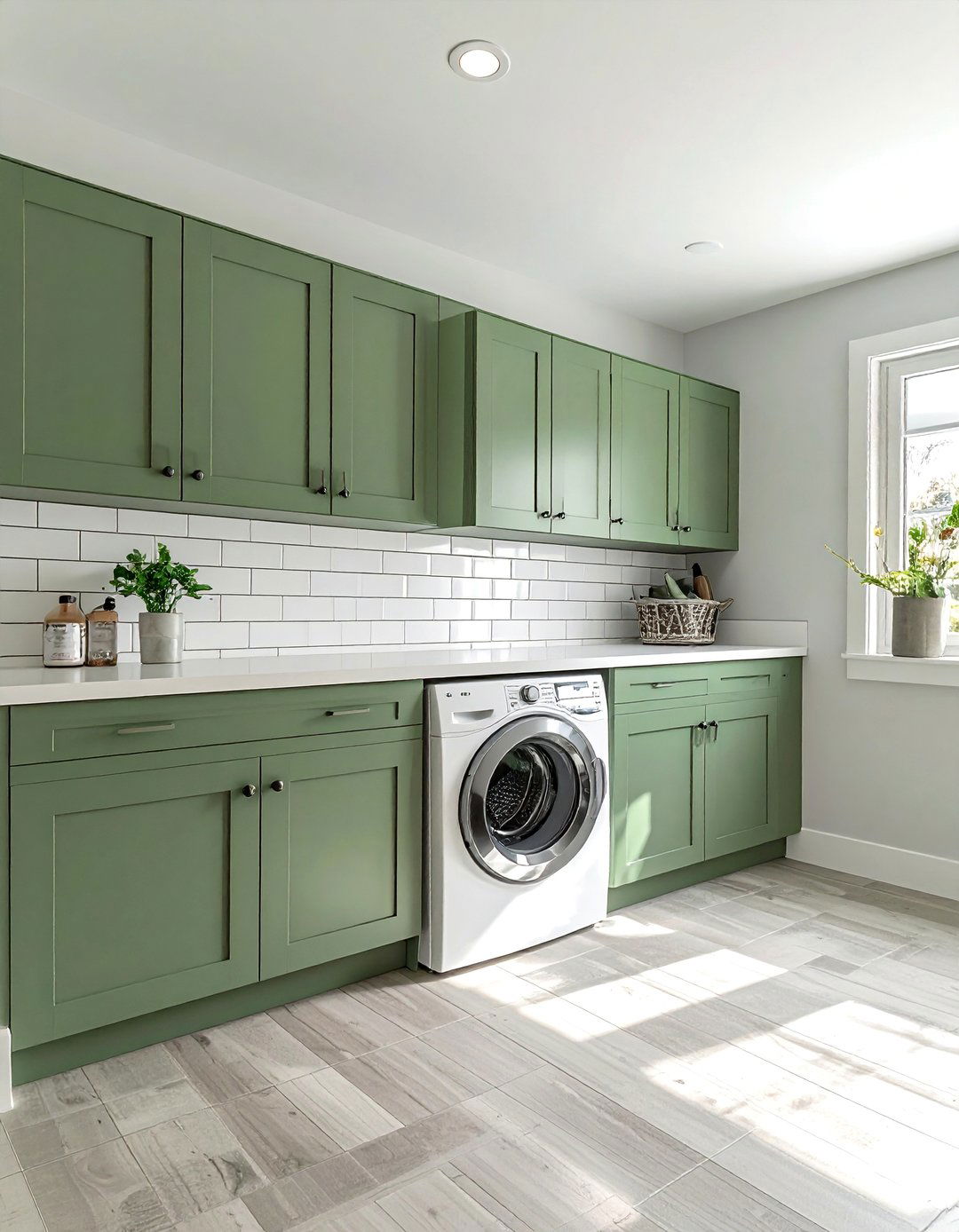 Sage Green and White Two Tone Cabinets - 15 Sage Green Laundry Room Ideas for a Calm Space