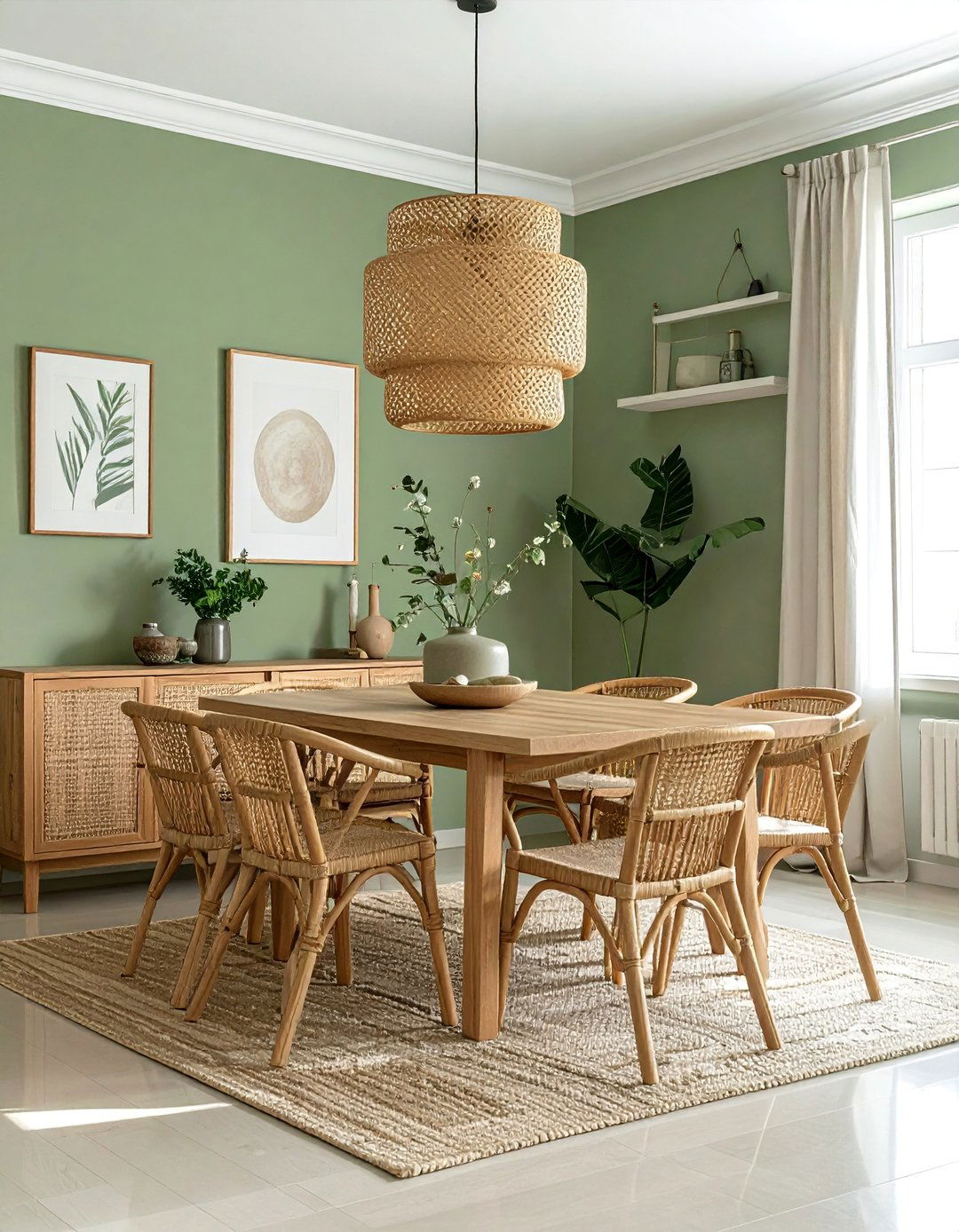 Sage Green with Woven Rattan Details - 25 Sage Green Dining Room Ideas for a Serene Space