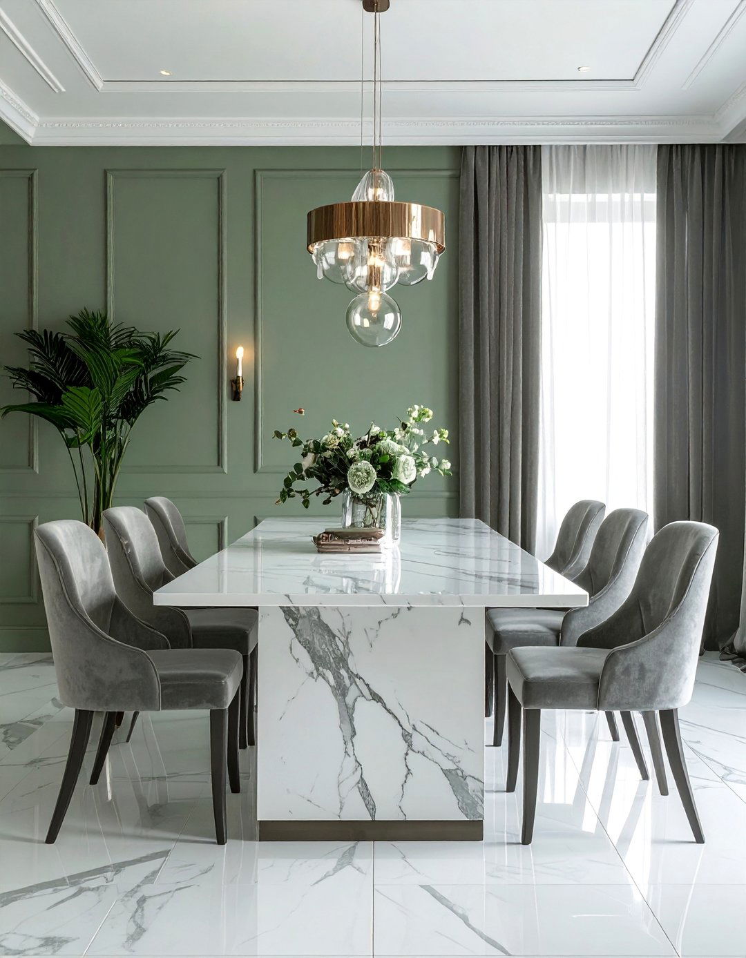 Sage Green with a Marble Dining Table - 25 Sage Green Dining Room Ideas for a Serene Space