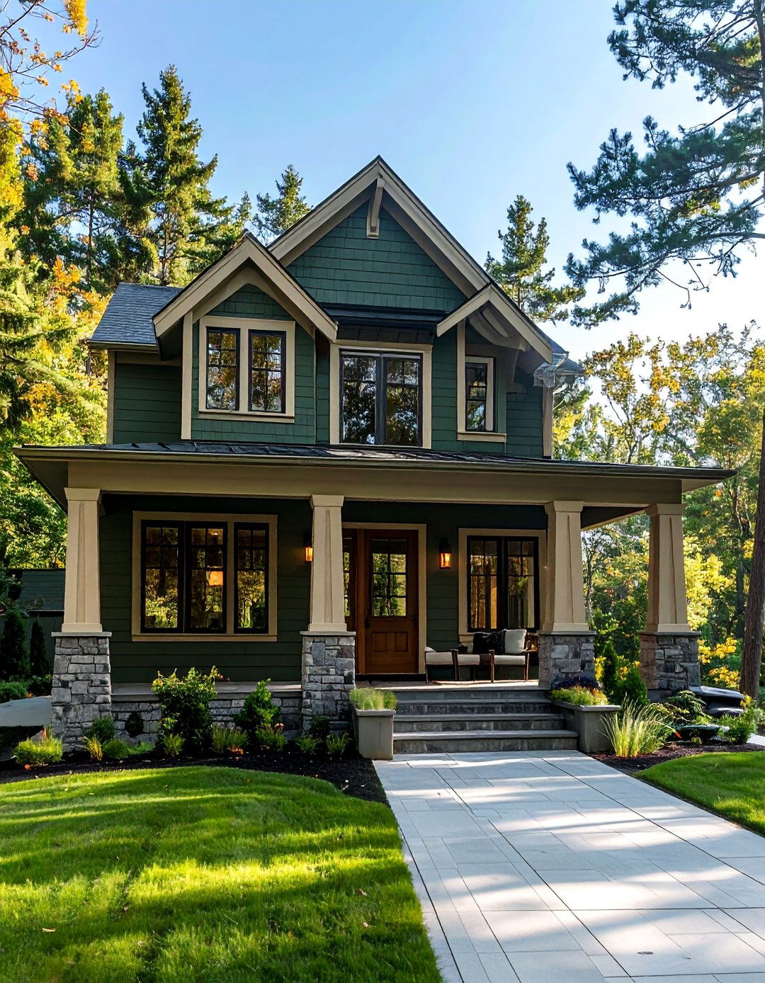 Sage Toned Dark Green with Taupe Trim - 40 Dark Green Exterior Paint Color Schemes for Bold Homes