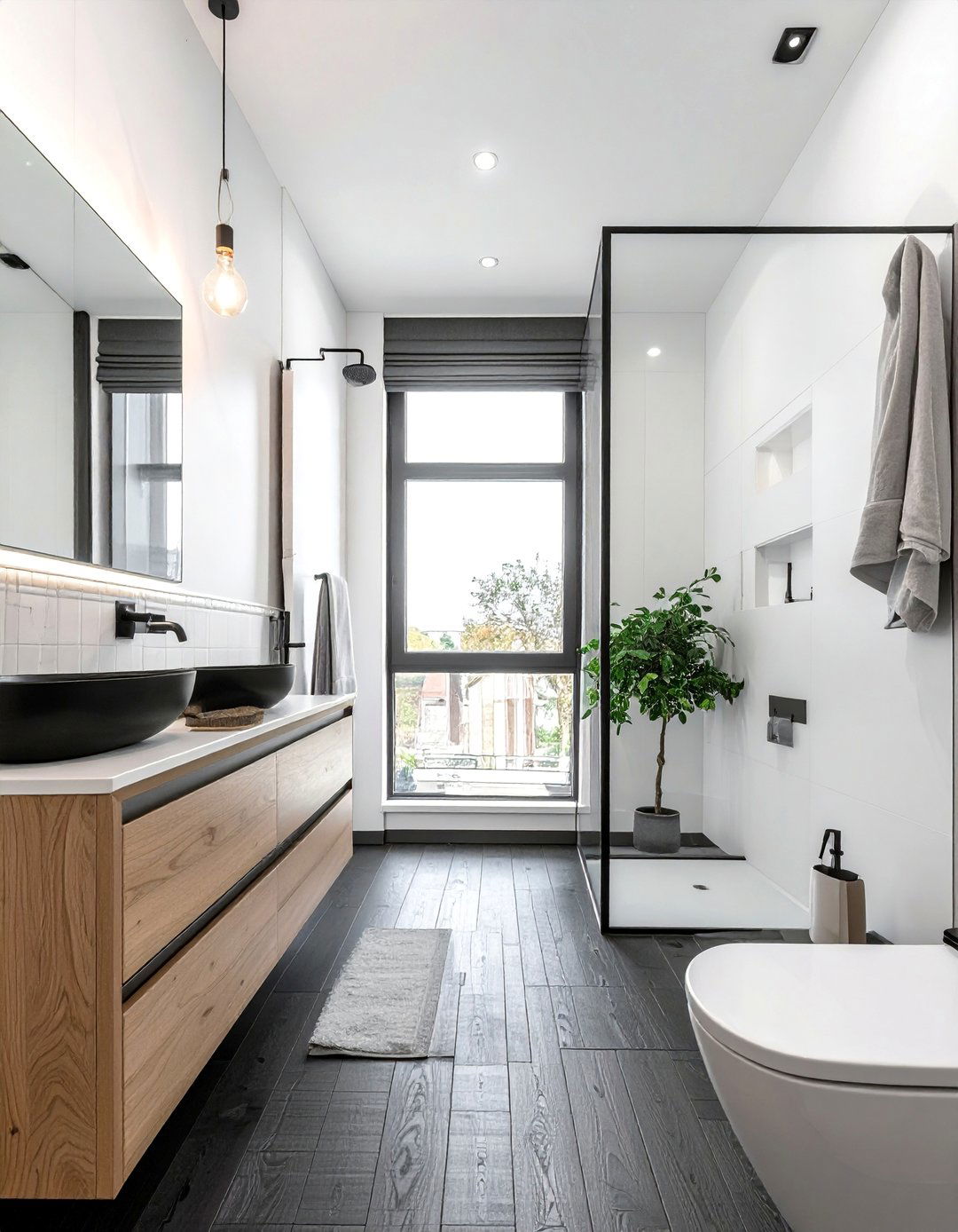 Scandinavian Bathroom with Dark Wood Floors - 25 Dark Wood Floor Bathroom Ideas for a Cozy Retreat