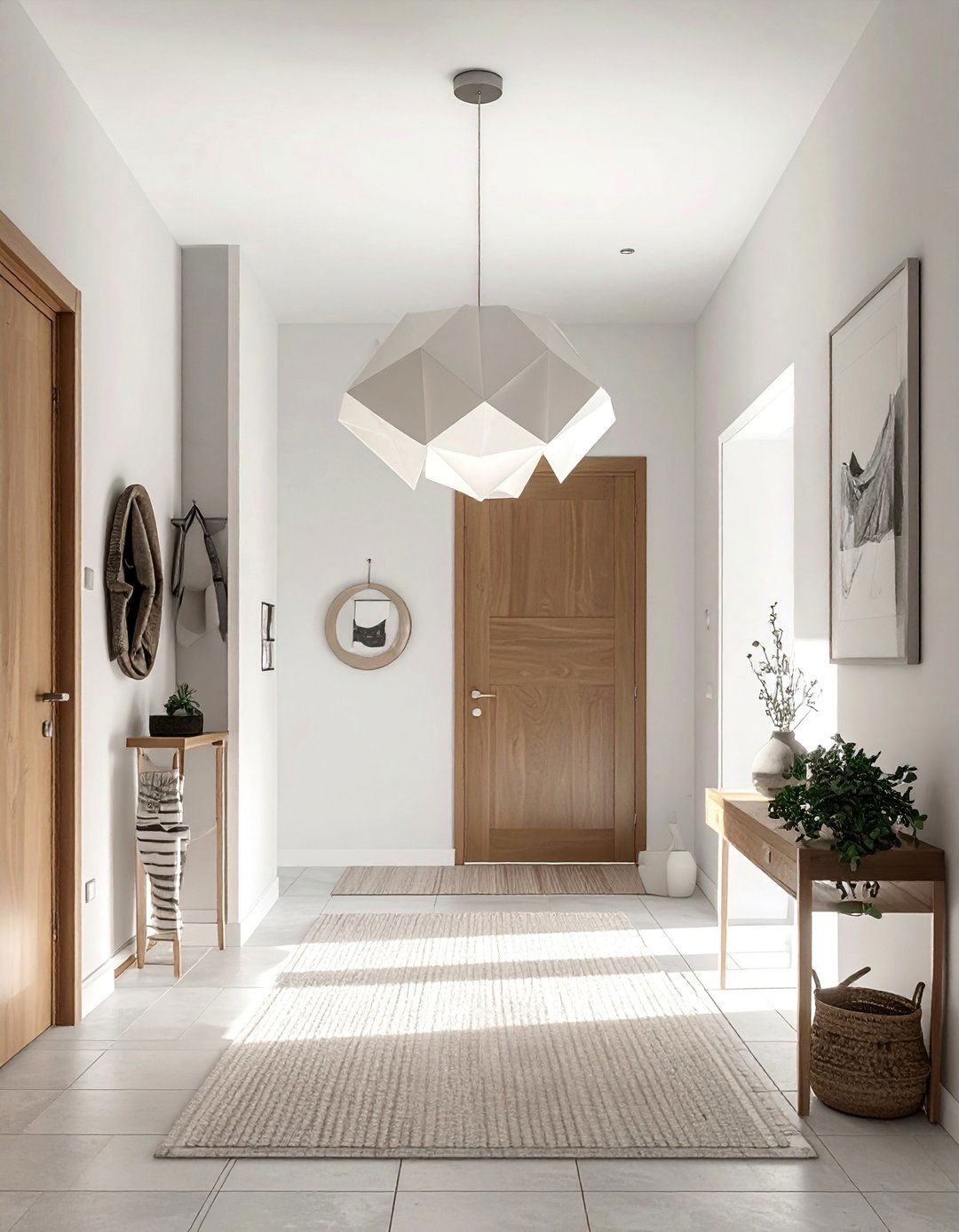 Scandinavian Entryway Illuminated by a Statement Pendant Light - 20 Scandinavian Entryway Ideas for a Cozy Home