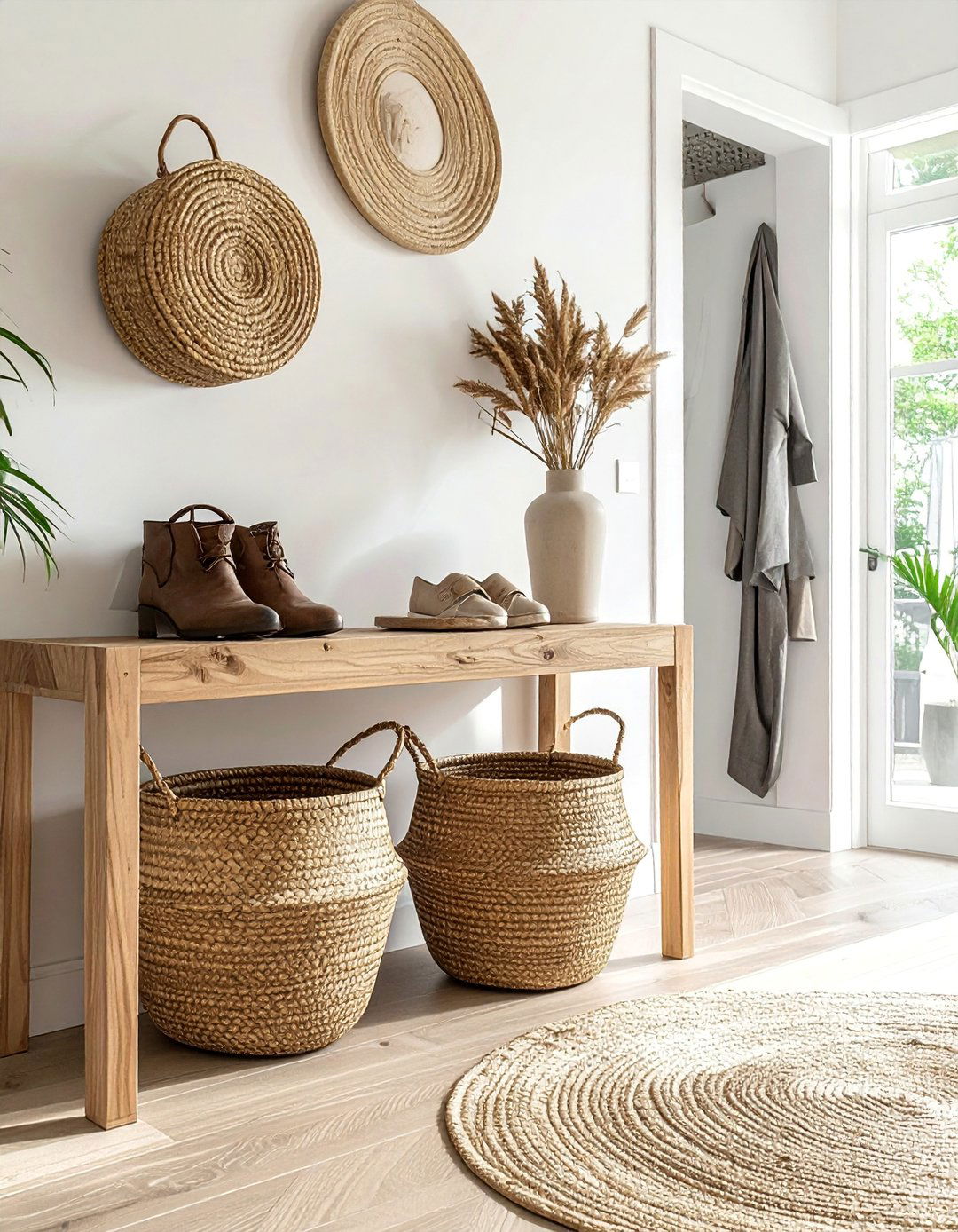 Scandinavian Entryway with Woven Storage Baskets - 20 Scandinavian Entryway Ideas for a Cozy Home