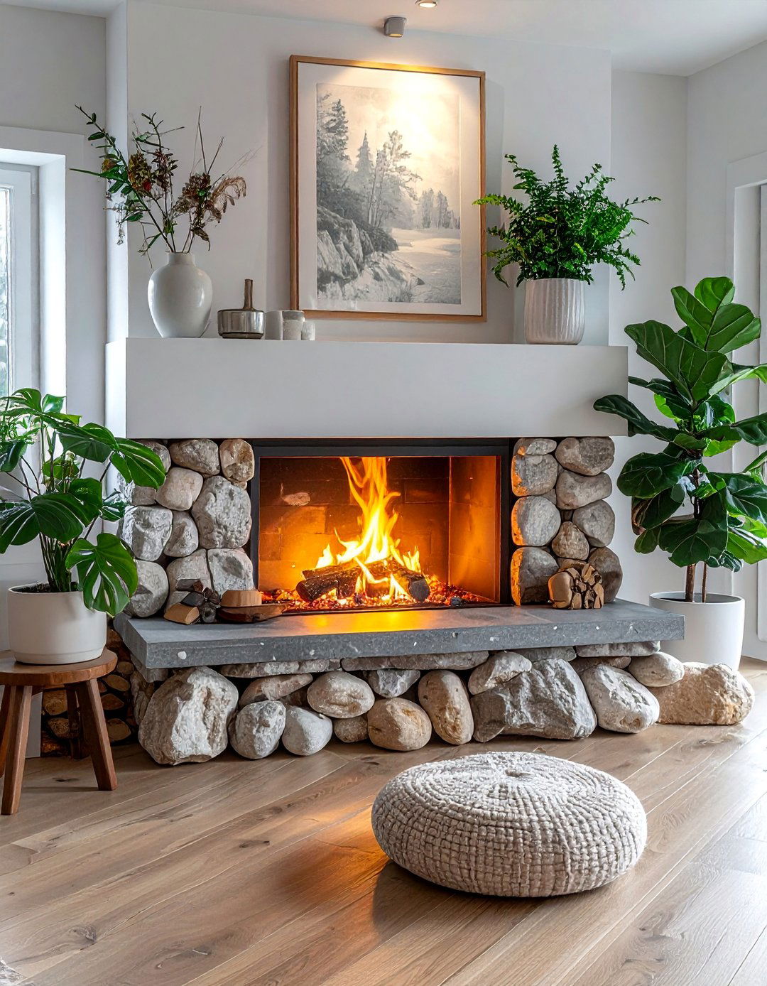 Scandinavian Style River Rock Fireplace - 30 Unique River Rock Fireplace Ideas for Cozy Homes