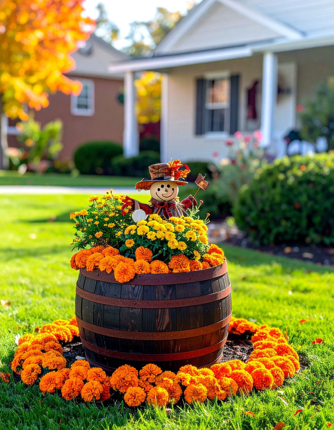 Scarecrow and Marigold Fall Planter - 40 Fall Planter Ideas to Add Seasonal Charm