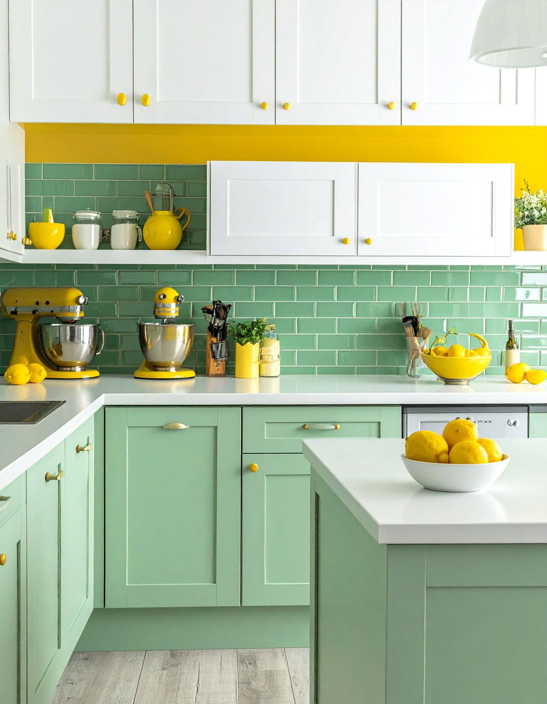 Seafoam Green Backsplash with Lemon Yellow Accessories - 20 Green and Yellow Kitchen Ideas for a Fresh Look