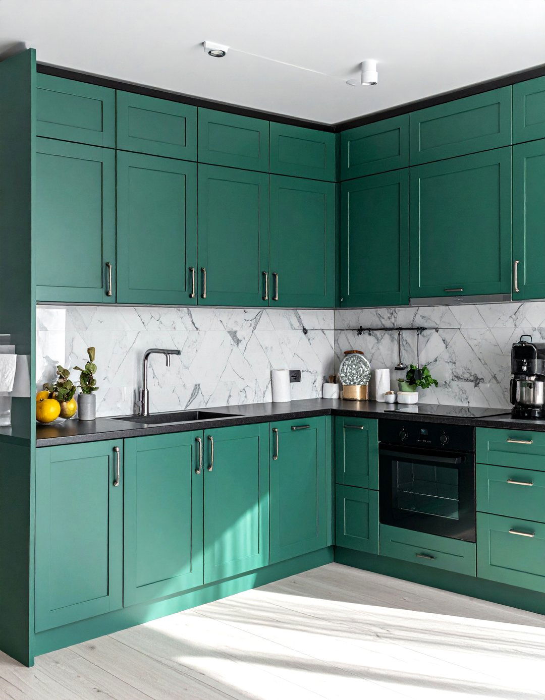 Seafoam Green Cabinets with Matte Black Laminate Countertops - 20 Green Kitchen Cabinets With Black Countertops Ideas