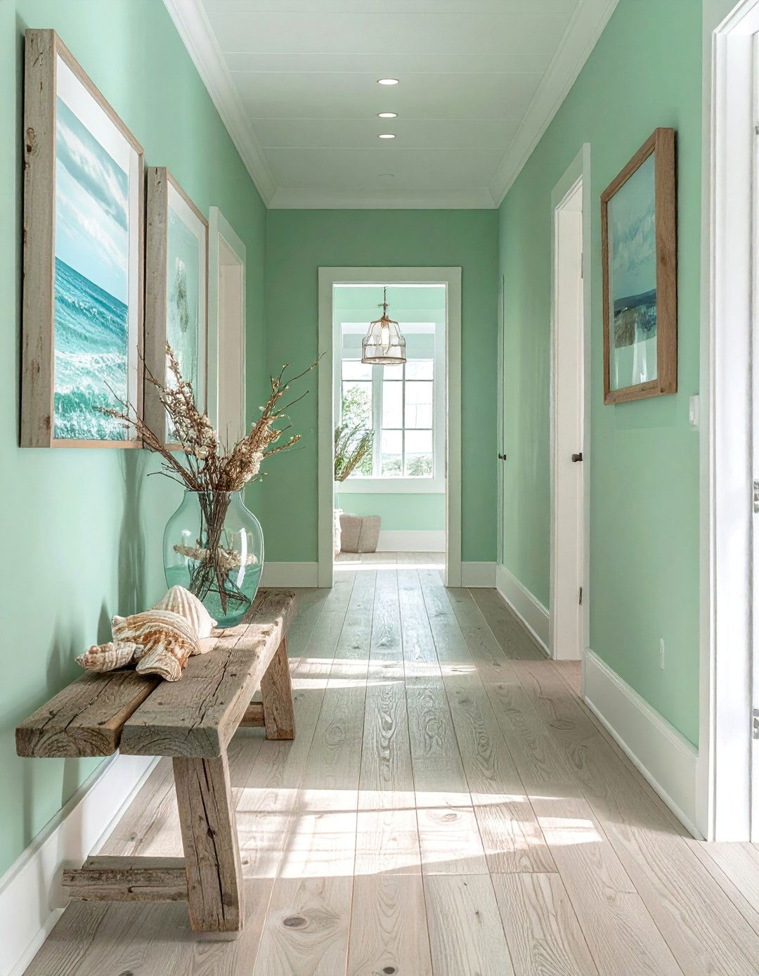 Seafoam Green Hallway with Coastal Accents - 20 Green Hallway Ideas for a Fresh and Inviting Space